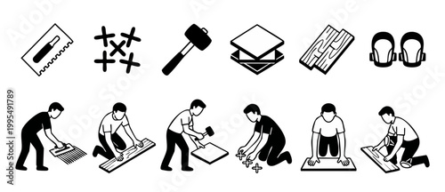 Flooring Installation Icons Set with Worker Actions and Tools for Home Renovation Projects, Professional Tiling and Hardwood Fitting Procedures in Minimalist Vector Silhouette Style for Construction G