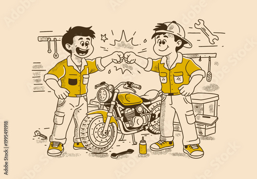 Two mechanics fist bumping beside repaired motorcycle, retro illustration