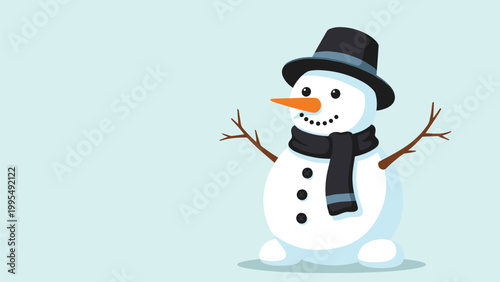Happy cartoon snowman with a black top hat and a matching black scarf standing outdoors on a light blue background.