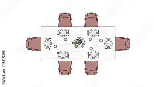 Overhead view of a rectangular dinner table set with plates cutlery and a floral centerpiece for six people dining.
