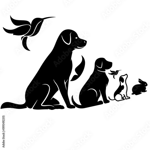Silhouette of Companions: A heartwarming silhouette showcases the bond between different animals, including a majestic labrador, smaller dog, hummingbird, and rabbit.