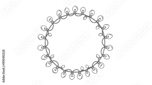 Decorative frame made of a circle of various light bulbs on a wire drawn in a black and white simple line art style.