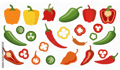 Cartoon peppers flat vector bell chili slices food ingredient set