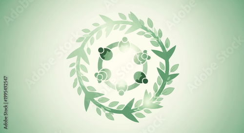 Circular arrangement of stylized figures within a green laurel wreath symbolizing community and sustainability.