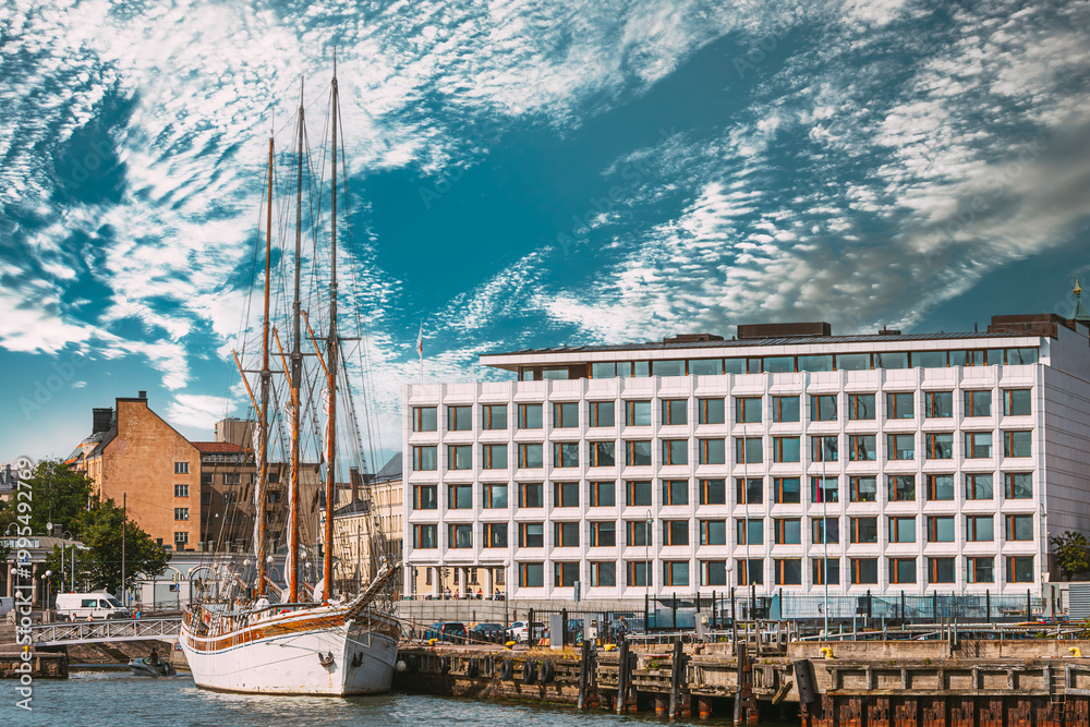 Fototapeta premium Classic Sailboat Moored at Helsinki Waterfront