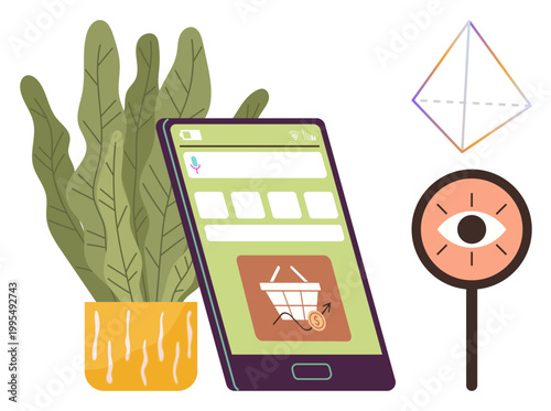 Online shopping, privacy, mobile technology, data security, e-commerce, digital interaction. Smartphone with shopping cart interface, plant geometric shape and privacy icon. Online shopping