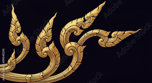 Intricate golden Thai traditional art pattern with swirling motifs on a dark background.