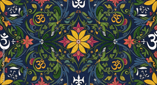 Vibrant and intricate Indian-inspired floral pattern with Hindu Om symbols and traditional motifs on a dark blue background.