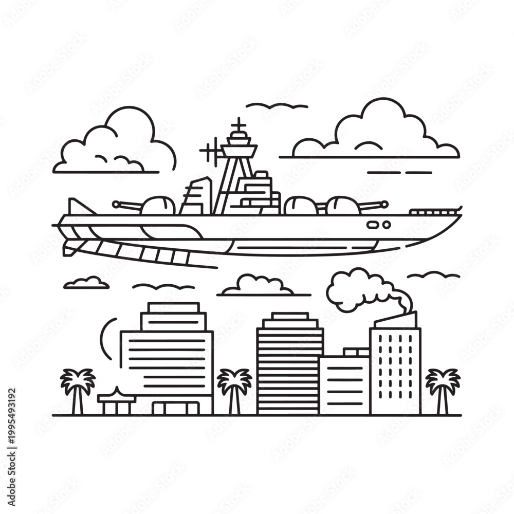 Naklejka premium Line art depiction of a ship sailing near a coastal cityscape
