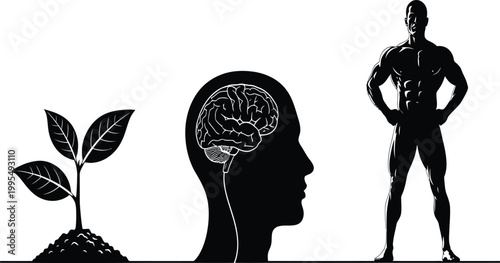 Holistic personal growth concept featuring a young green sprout, human brain profile, and muscular male silhouette symbolizing mental and physical development