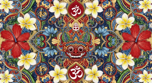 Vibrant symmetrical Balinese-inspired pattern with a central mask, hibiscus, frangipani flowers, and Om symbols, rich in cultural detail.