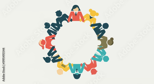 A top-down view of a diverse group of stylized business people icons sitting in a circle, representing teamwork, collaboration, and community.