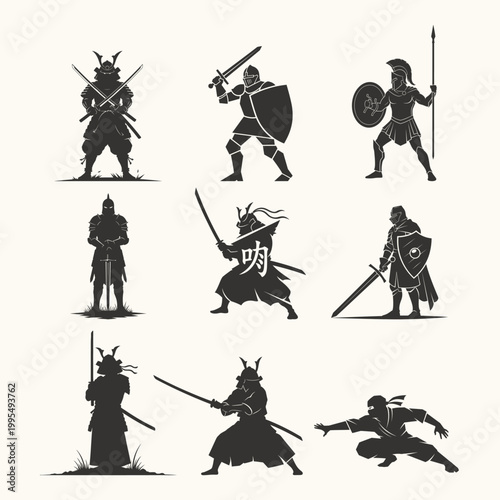 Silhouette Warriors Collection Ancient Samurai Knight Ninja Spartan Warrior Poses