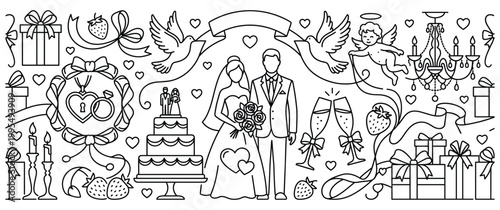 Wedding celebration line art icons and decorations.