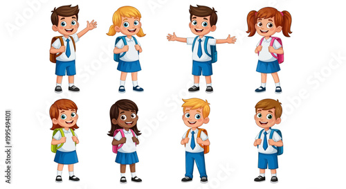 Group of happy cartoon school children standing together wearing backpacks and school uniforms