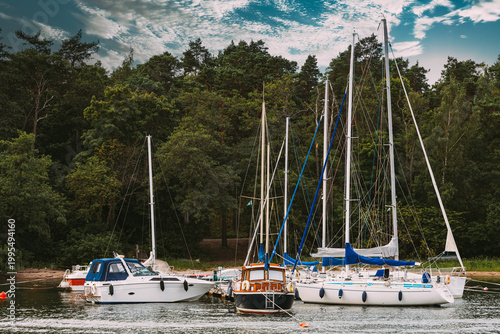 Sailboats Moored Near a Forested Island in Helsinki