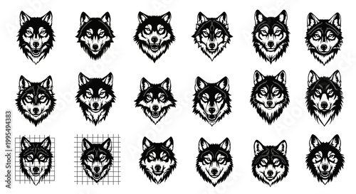 Collection of stylized wolf heads in black and white grunge sketch art style featuring intense expressions and detailed fur textures isolated on white background perfect for t