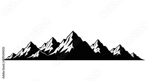 Majestic mountain range silhouette against a clean white background representing adventure nature and exploration with sharp peaks and dramatic shadows ideal for graphic design