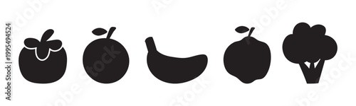 Hand drawn fruit and vegetable black silhouette vector set isolated on white