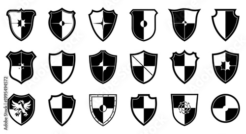 Collection of diverse shield icons representing security protection heraldry and strength in a clean modern graphic design style with white background