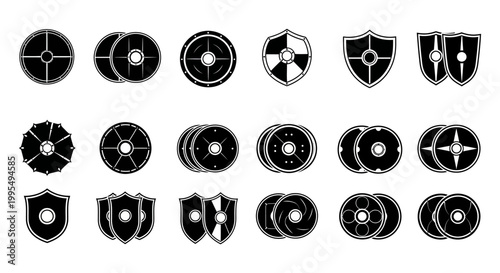 Collection of vintage viking and medieval shields and round swords isolated black icons on white background graphic design elements for history and fantasy themes retro warrior