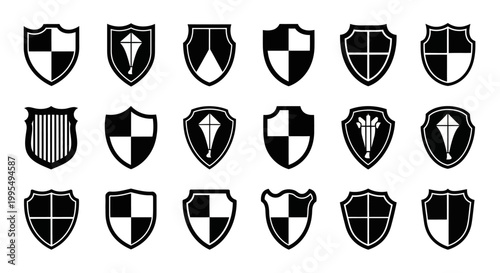 Collection of diverse black and white heraldic shield icons representing protection security and identity with geometric patterns and diamond emblems on a clean white background