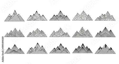 Collection of stylized geometric mountain range illustrations with intricate line art patterns and wireframe textures presented on a clean white background evoking a sense
