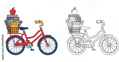 Red Bicycle with Books and Apple in Basket Illustration and Line Art Coloring Page for Kids Back to School Education Theme Vector