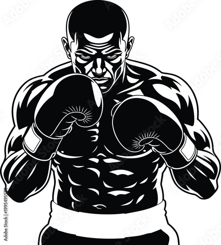 Powerful Black and White Vector Illustration of a Determined Muscular Boxer in Fighting Stance Wearing Gloves for Sports Fitness and Martial Arts Designs