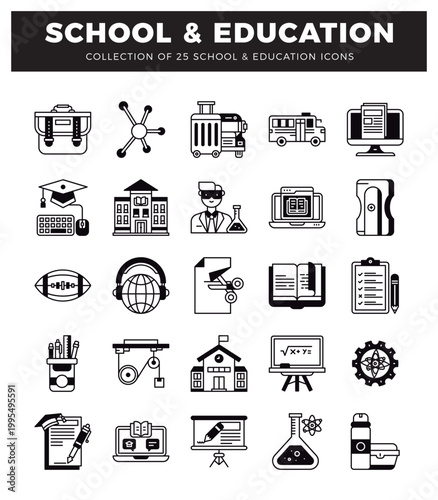School and Education icons collection featuring diverse learning and academic symbols.