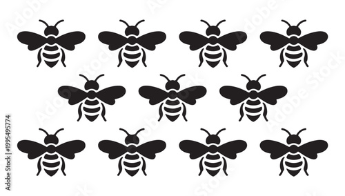 Bee silhouette vector pattern, multiple striped insects on white background.
