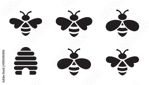 Six black bee icons and beehive symbol, simple stylized honeybee and apiary graphics.