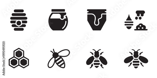 Eight black honey and bee related icons, collection of apiary and natural product symbols.
