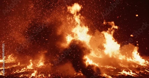 Intense flames erupting from a fiery landscape, surrounded by glowing embers and smoke