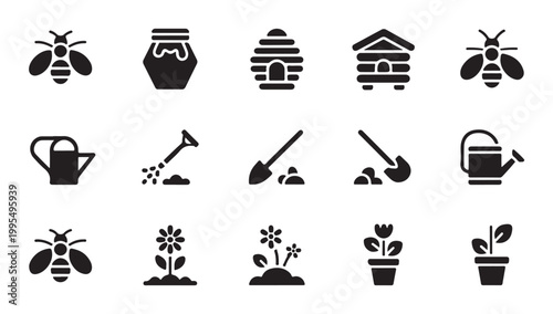 Assorted garden and beekeeping icons in simple silhouette vector style.