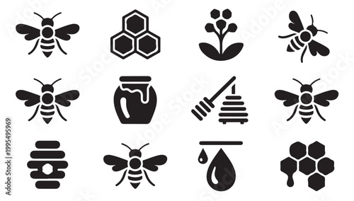 Central collection of bee and honey related icons in silhouette vector style.