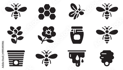 Variety of bee and honey icons featuring honeycomb and flower in silhouette vector.