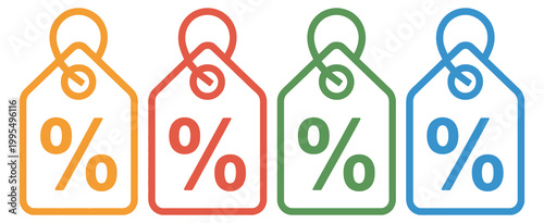 Colorful Discount Tags Set, Zero Percent Off Deals on Products, Sale Labels, Price Reduction and Promotion Stickers, Retail Marketing Vector Illustration Collection