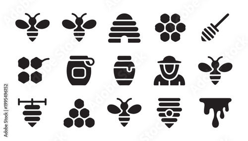 Honey and beekeeping equipment icons set with beehive and wooden dipper silhouettes vector.