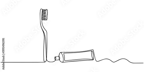 toothbrush and toothpaste tube continuous one line drawing, Single line drawing of toothbrush and toothpaste tube, One continuous single drawing line art flat doodle dental, care, tooth, toothbrush