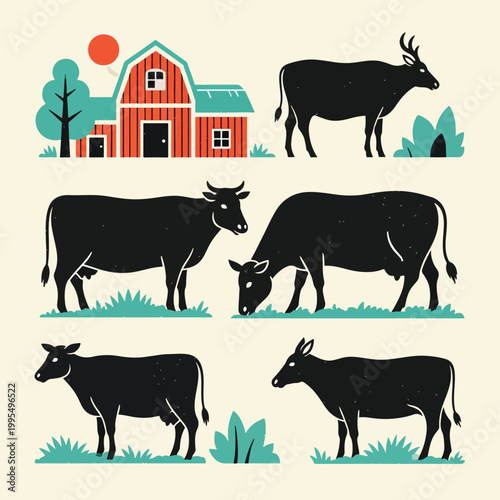 Flat design illustration of cows and a red barn with a rural landscape in a simple, colorful style.