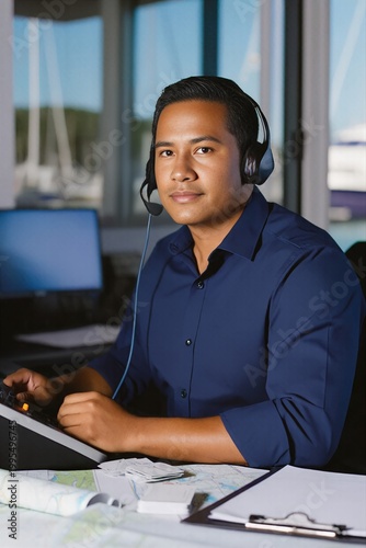 Marina berth coordinator using headset at port operations desk