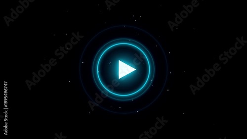 Futuristic Neon Play Button with Abstract Glowing Circles and Particles on a Dark Background