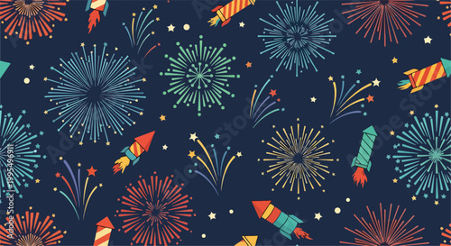 A colorful fireworks display with rockets and stars on a dark blue background