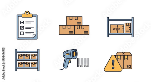 Set of logistics icons representing inventory management and shipping process steps