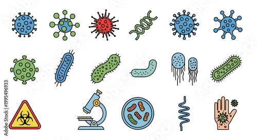 Collection of illustrated viruses bacteria dna and microscopy elements