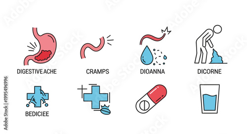 Collection of icons representing medical symptoms and treatments for health issues