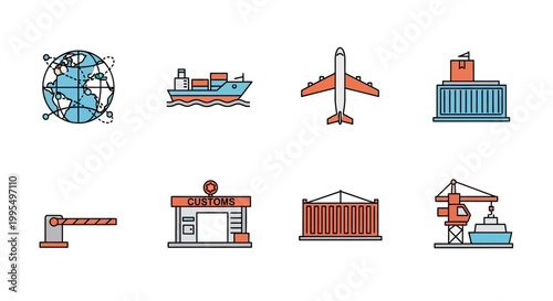Collection of transportation and customs icons for global logistics