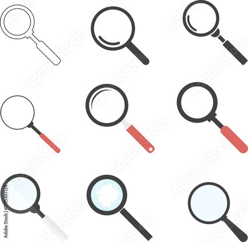 Vector set of magnifying glass search icons in various flat and outline styles for interfaces