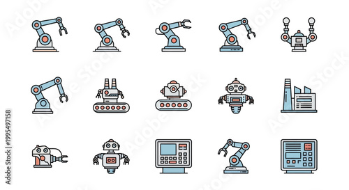 Modern flat line industrial robotics and factory automation icons